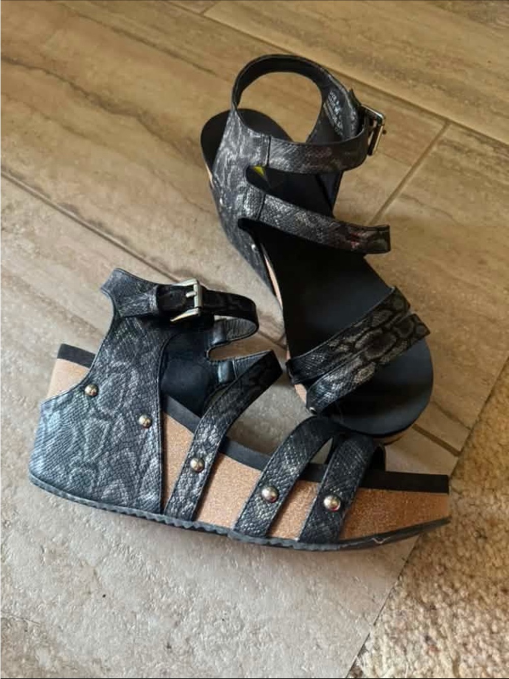 Wedge Ankle-Strap Sandals in Metallic Black